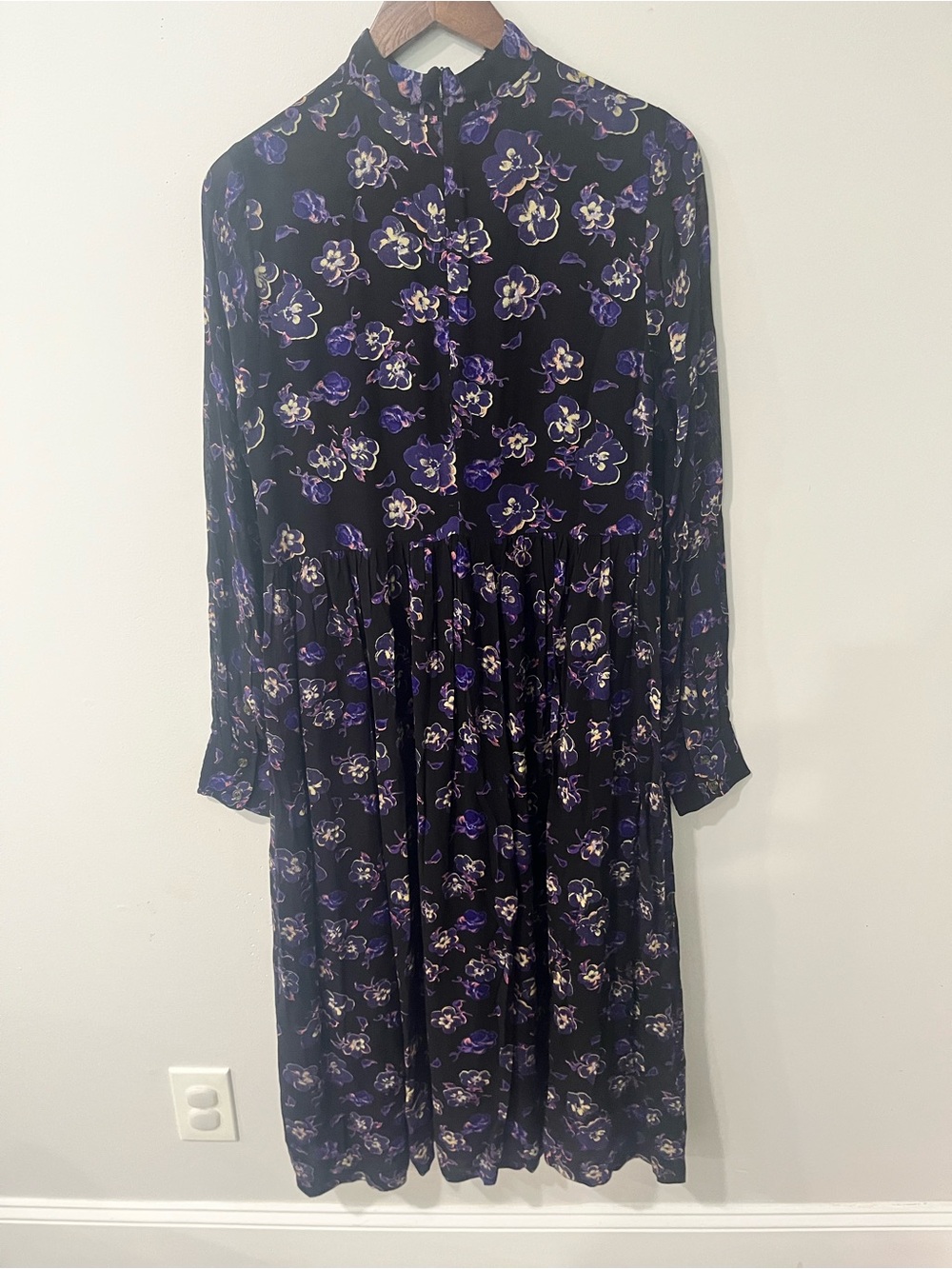 GANNI Floral Midi Dress Black Purple Long Sleeve Size 38/US size 6 - Picture 3 of 14